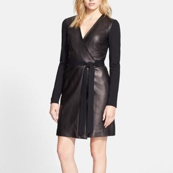 Diane von Furstenberg Size 2 Leather Wrap Dress Long Sleeve NWT - Picture 1 of 7